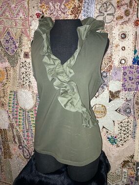 Chaps Olive Green Sleeveless Ruffle V-Neck Camisole